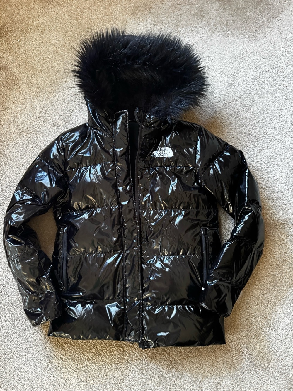 The North Face Girls Black Glossy Down Puffer Jacket with Faux Fur Trim Hood